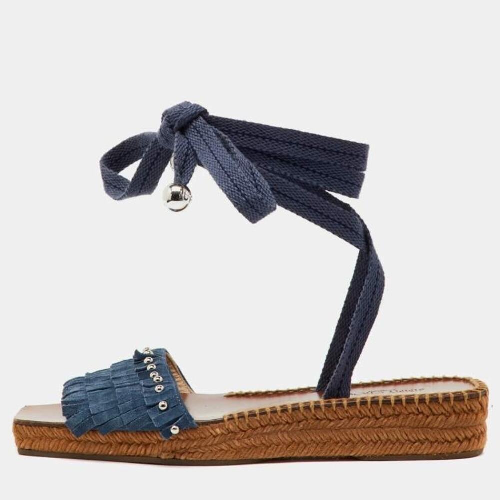Jimmy Choo Blue Fringe Suede Denim Aisha Espadrille Ankle Wrap Sandals Size 34 4